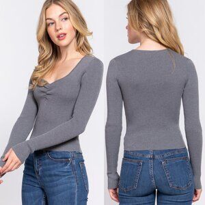 Active USA Charcoal Grey Long Sleeve Sweetheart Neck Shirring Sweater Top NEW